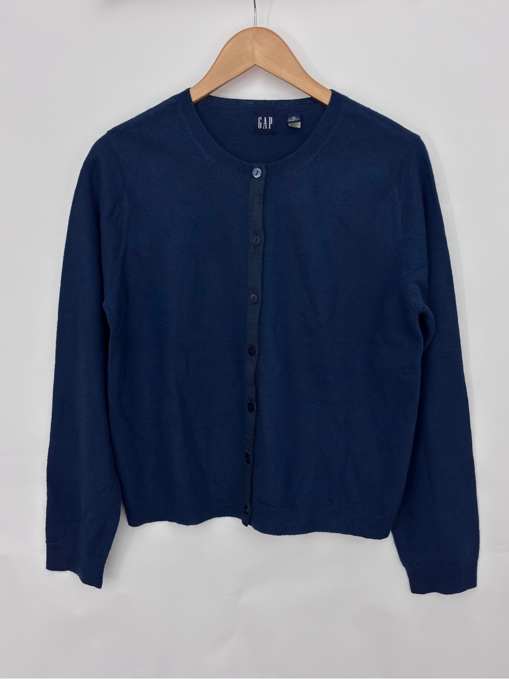 Vintage 90s GAP Women's Navy Blue Wool Crewneck Button-Front Cardigan Sweater